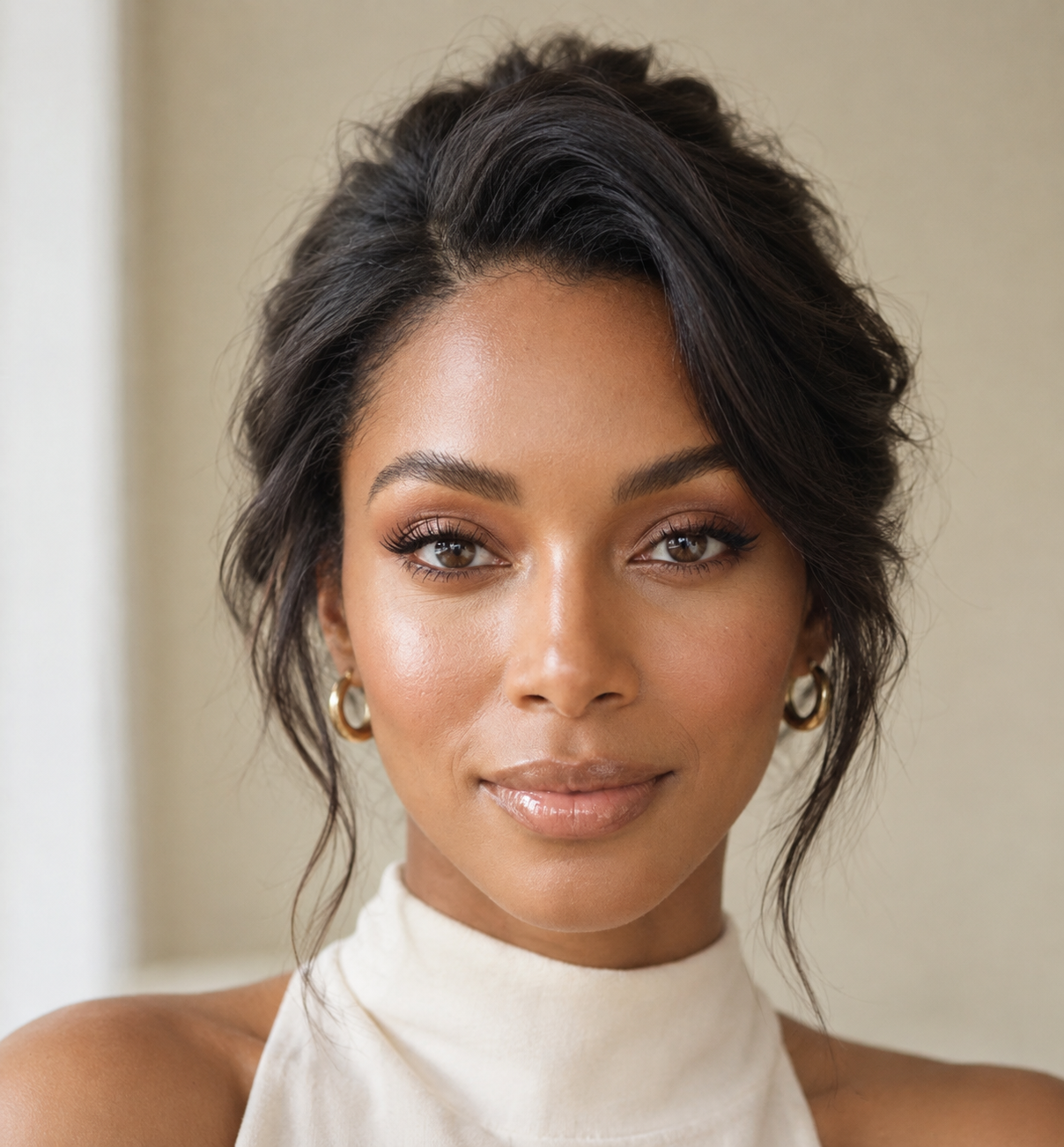 Model with fresh glam makeup and styled hair