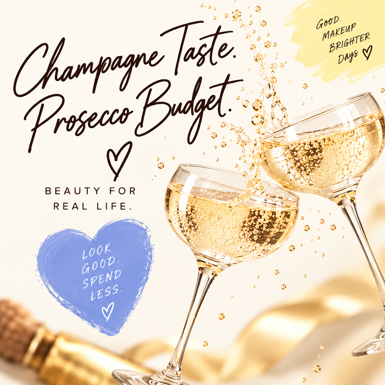 Champagne Taste. Prosecco Budget. Beauty for real life. Look good. Spend less.